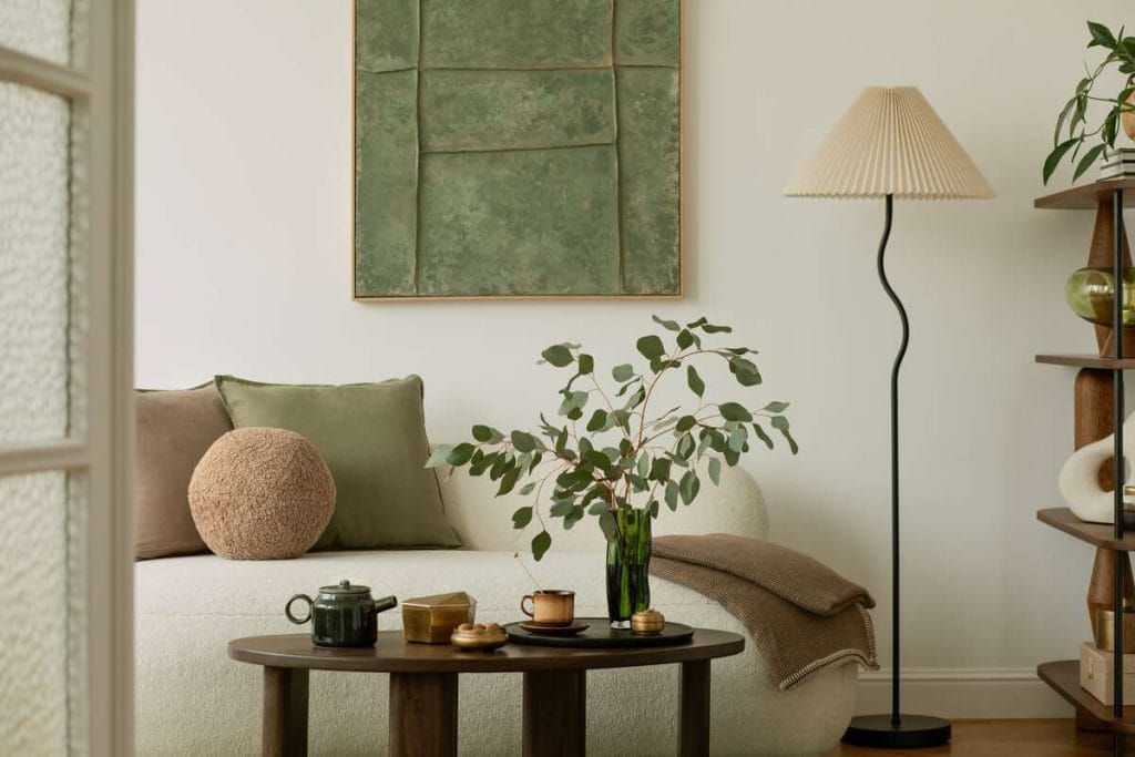 Svetainės erdvė su natūraliomis spalvomis ir augalais – įkvepiantis pavyzdys, kaip susikurti jaukius namus.