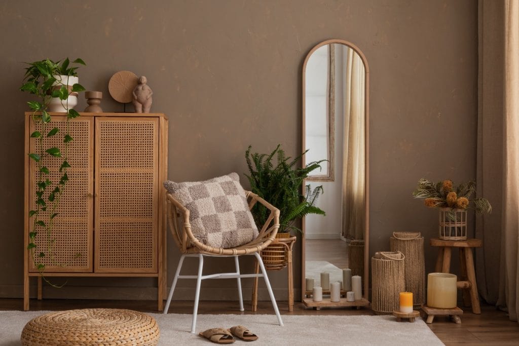 Natūralaus stiliaus interjeras su šiltomis žemės spalvomis, pintais baldais ir veidrodžiu, kuris padeda vizualiai praplėsti erdvę.