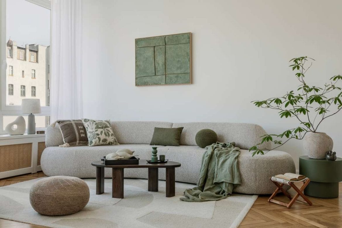 Šviesi ir moderni svetainė su neutraliu interjeru, žalios spalvos akcentais ir dekoratyvine augaline kompozicija.