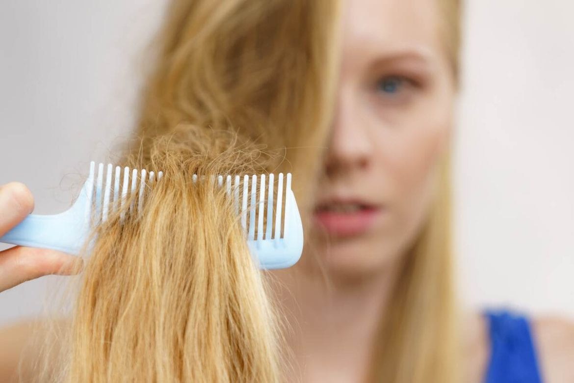 Sausi ir pasišiaušę plaukai, stringantys šukose, iliustruojantys blizgesio praradimą.