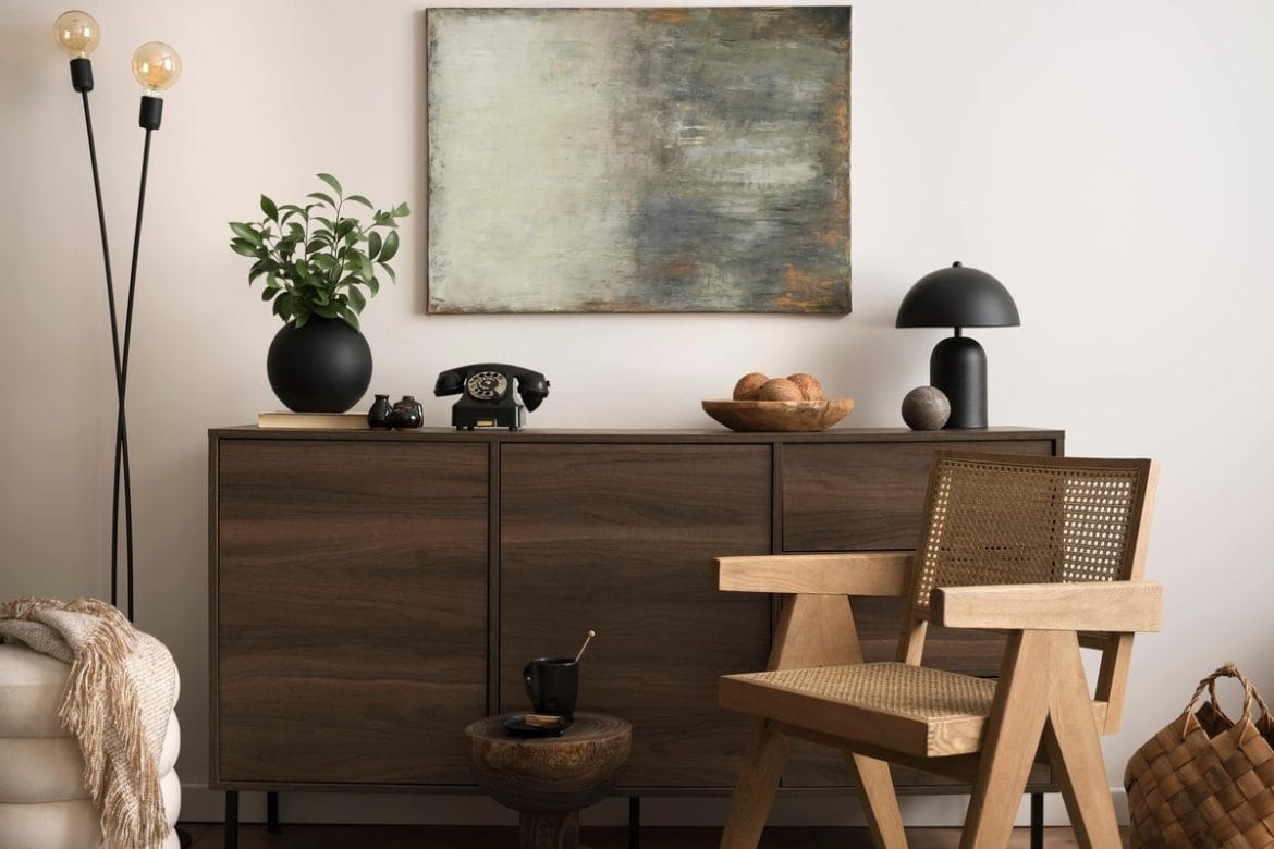 Modernus natūralaus interjero kambarys su medine komoda, šviesiomis sienomis ir minimalistiniais akcentais.